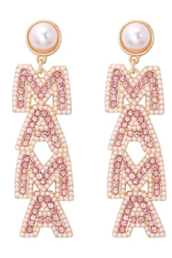 Hot Dear-Lover MAMA Rhinestone Pearl Dangle Stud Earrings Apricot Pink