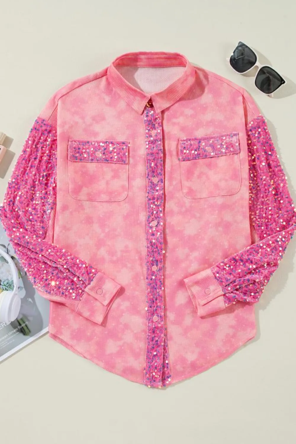 Sale Dear-Lover Mineral Wash Sequin Patchwork Flap Pocket Shacket Apricot Pink