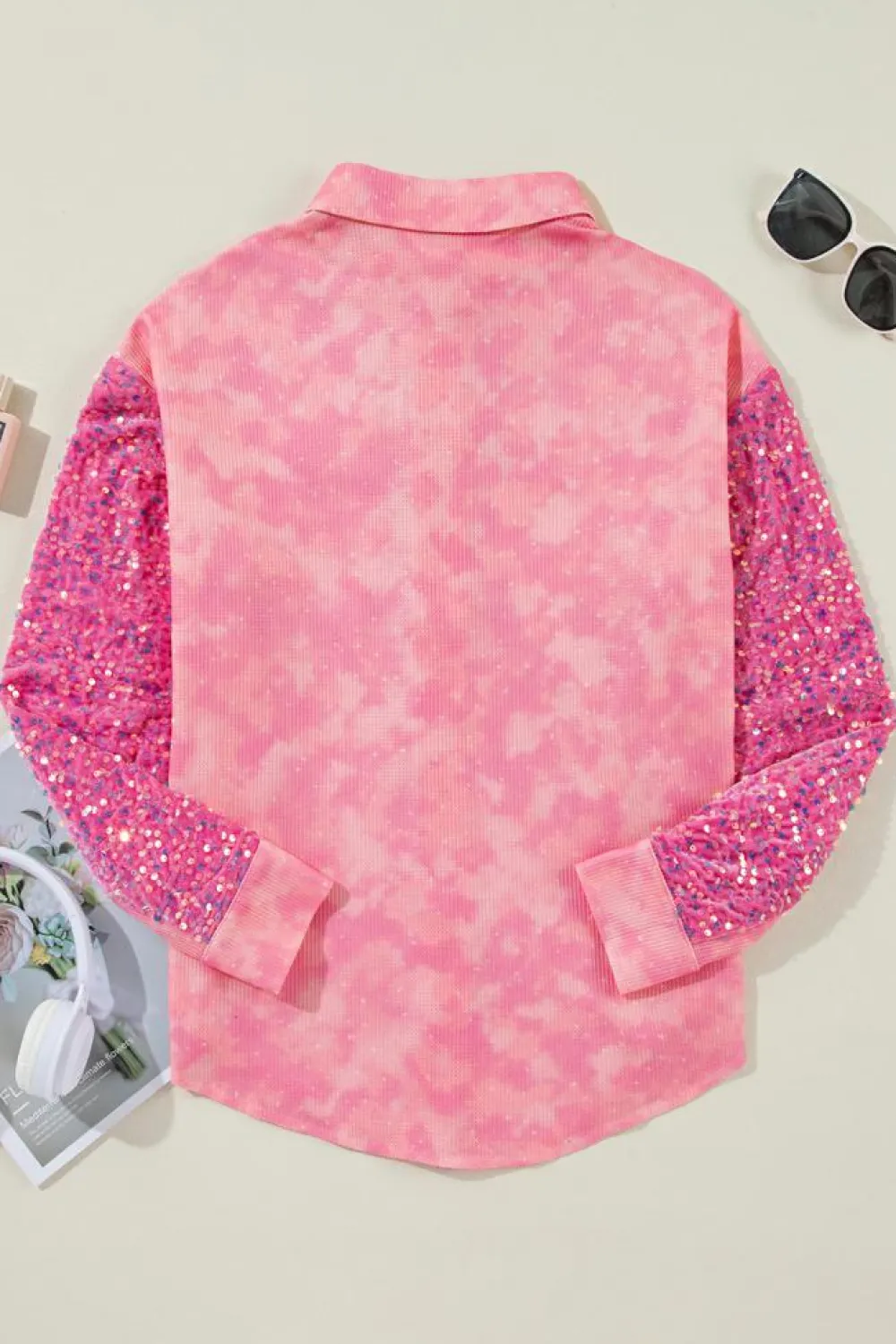 Sale Dear-Lover Mineral Wash Sequin Patchwork Flap Pocket Shacket Apricot Pink