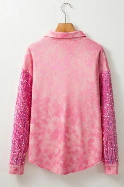 Sale Dear-Lover Mineral Wash Sequin Patchwork Flap Pocket Shacket Apricot Pink