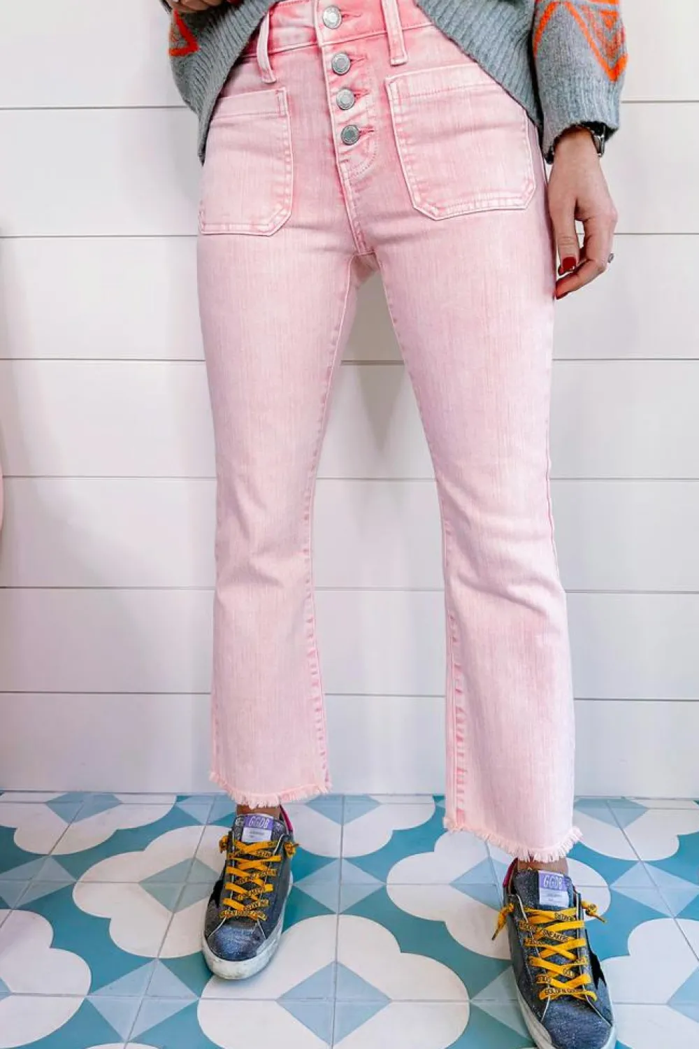Hot Dear-Lover Multi Buttons Raw Edge Crop Jeans Apricot Pink