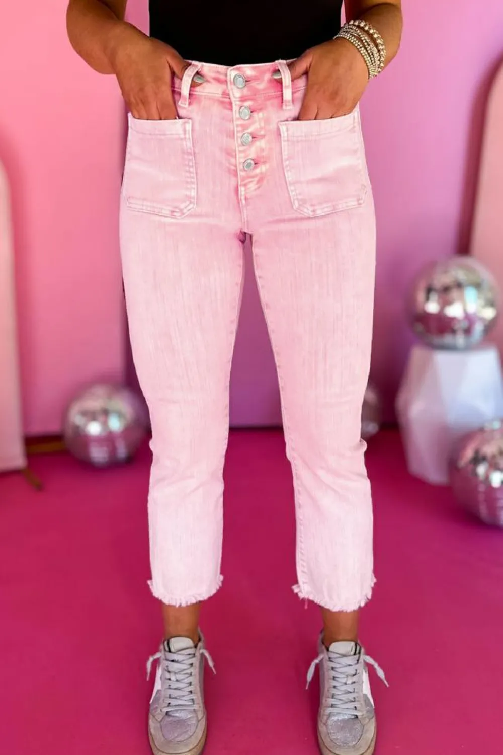 Hot Dear-Lover Multi Buttons Raw Edge Crop Jeans Apricot Pink