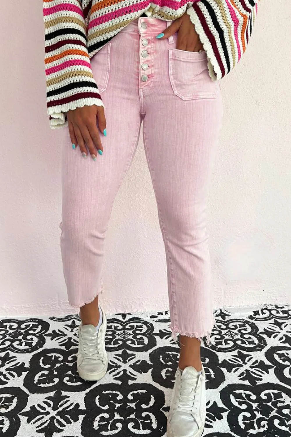 Hot Dear-Lover Multi Buttons Raw Edge Crop Jeans Apricot Pink