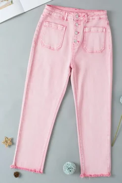 Hot Dear-Lover Multi Buttons Raw Edge Crop Jeans Apricot Pink