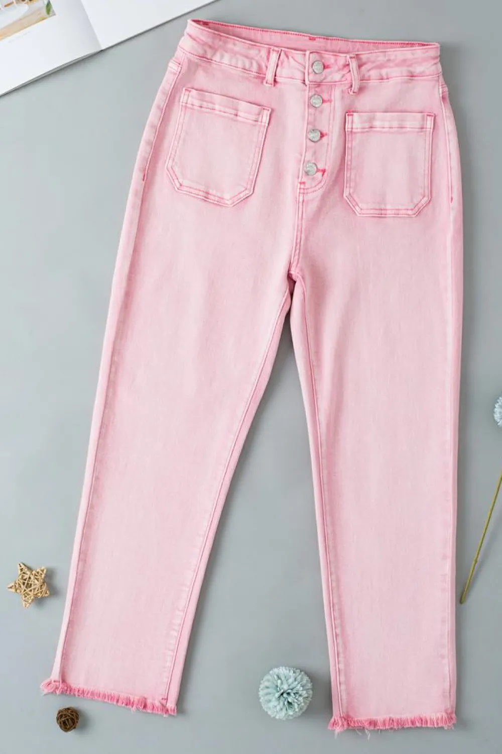 Hot Dear-Lover Multi Buttons Raw Edge Crop Jeans Apricot Pink