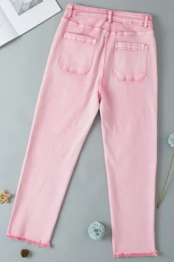 Hot Dear-Lover Multi Buttons Raw Edge Crop Jeans Apricot Pink