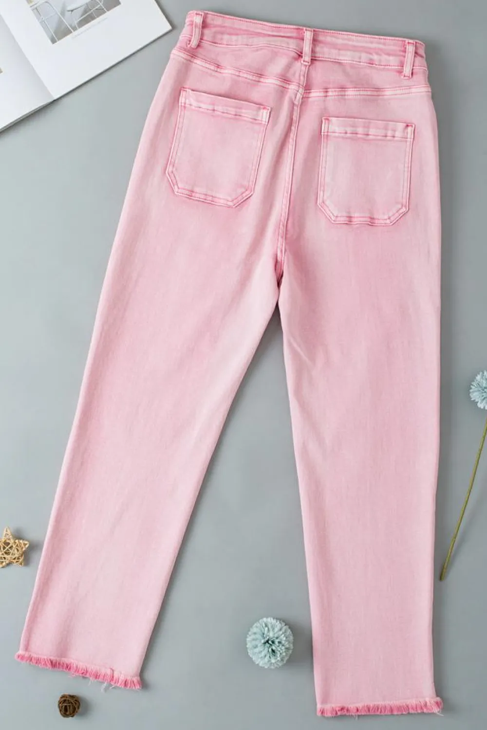 Hot Dear-Lover Multi Buttons Raw Edge Crop Jeans Apricot Pink