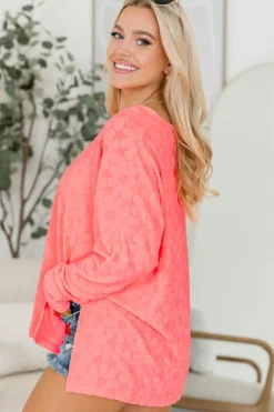 Clearance Dear-Lover Oversized Floral Jacquard V Neck Long Sleeve Top Apricot Pink