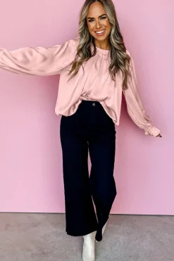 Online Dear-Lover Pleated Round Neck Flounce Sleeve Satin Blouse Apricot Pink