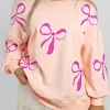 Discount Dear-Lover Sequined Bowknot Drop Shoulder Oversized Sweatshirt Apricot Pink