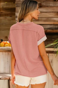 Online Dear-Lover Textured Colorblock Crew Neck T Shirt Apricot Pink
