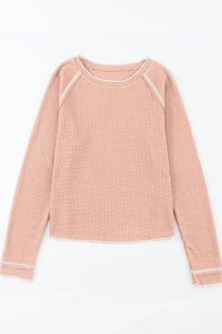 Fashion Dear-Lover Textured Round Neck Long Sleeve Top Apricot Pink