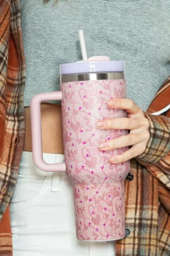 Hot Dear-Lover Valentine Heart Shaped Print Stainless Steel Vacuum Cup 40oz Apricot Pink