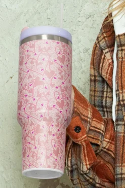 Hot Dear-Lover Valentine Heart Shaped Print Stainless Steel Vacuum Cup 40oz Apricot Pink
