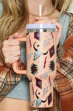 Fashion Dear-Lover Western Aztec Steer Head Stainless Tumbler 40oz Apricot Pink
