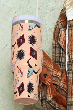 Fashion Dear-Lover Western Aztec Steer Head Stainless Tumbler 40oz Apricot Pink