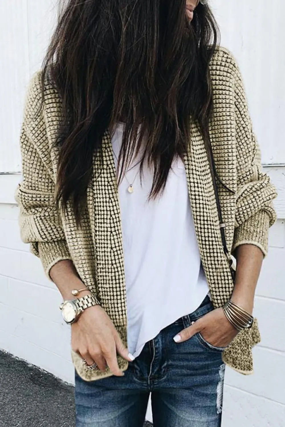 Hot Dear-Lover Plaid Contrast Trim Open Front Cardigan Apricot
