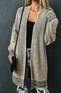 Best Dear-Lover Plaid Knitted Long Open Front Cardigan Apricot