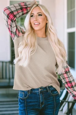 New Dear-Lover Plaid Raglan Sleeve Sweatshirt Apricot