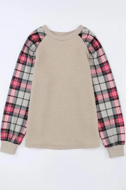 New Dear-Lover Plaid Raglan Sleeve Sweatshirt Apricot