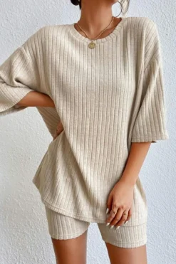 Best Dear-Lover Plain Ribbed Loose Fit Two Piece Lounge Set Apricot