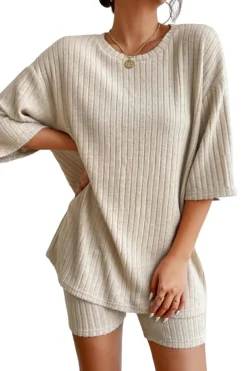 Best Dear-Lover Plain Ribbed Loose Fit Two Piece Lounge Set Apricot