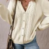 Hot Dear-Lover Pleated Sleeve Hollow Detail Button Sweater Cardigan Apricot