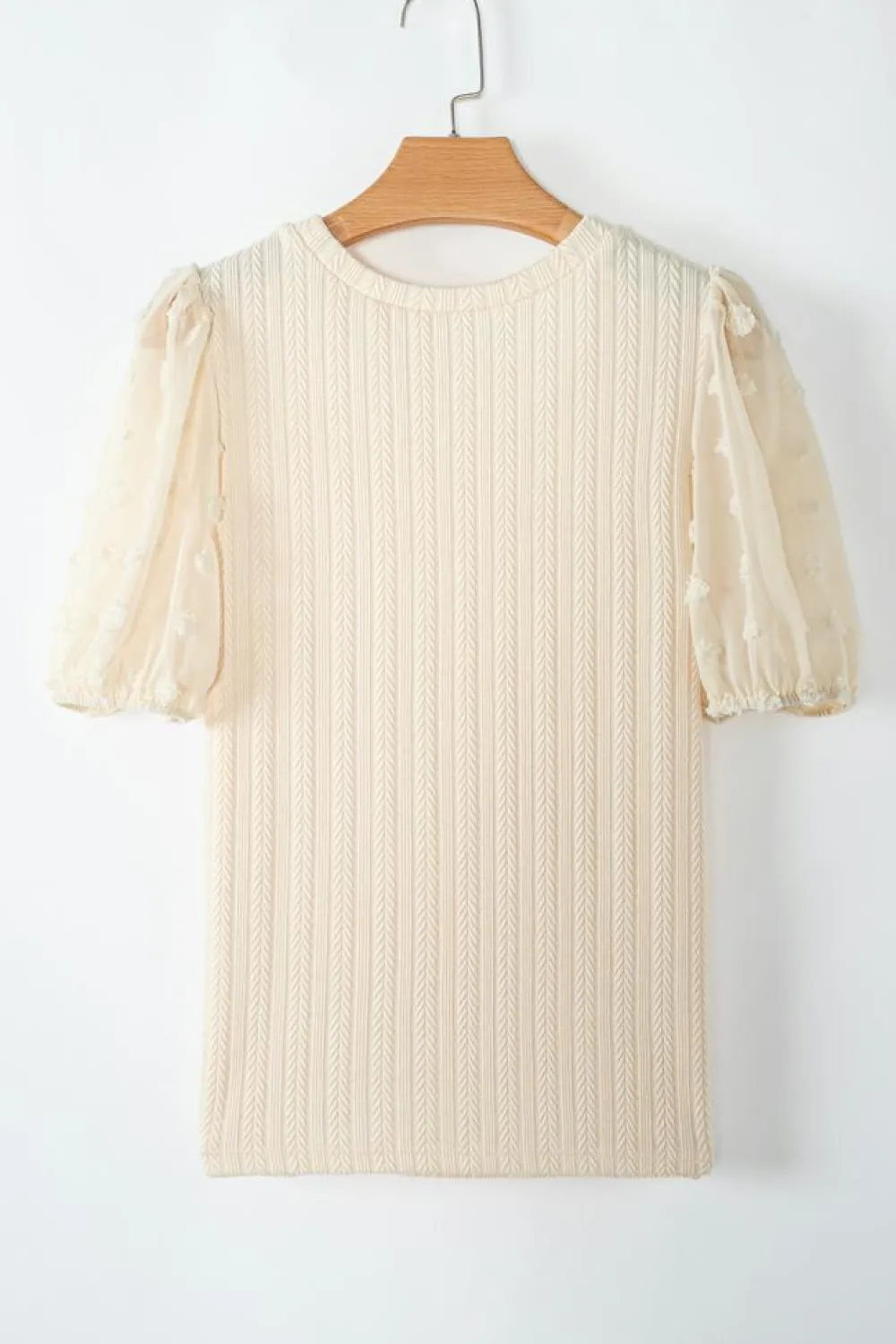 Fashion Dear-Lover Polka Dot Mesh Puff Sleeve Textured Blouse Apricot