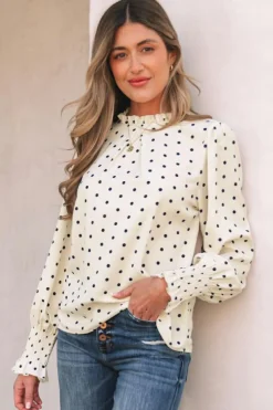 Best Dear-Lover Polka Dot Print Frilled Collar Lantern Sleeve Blouse Apricot
