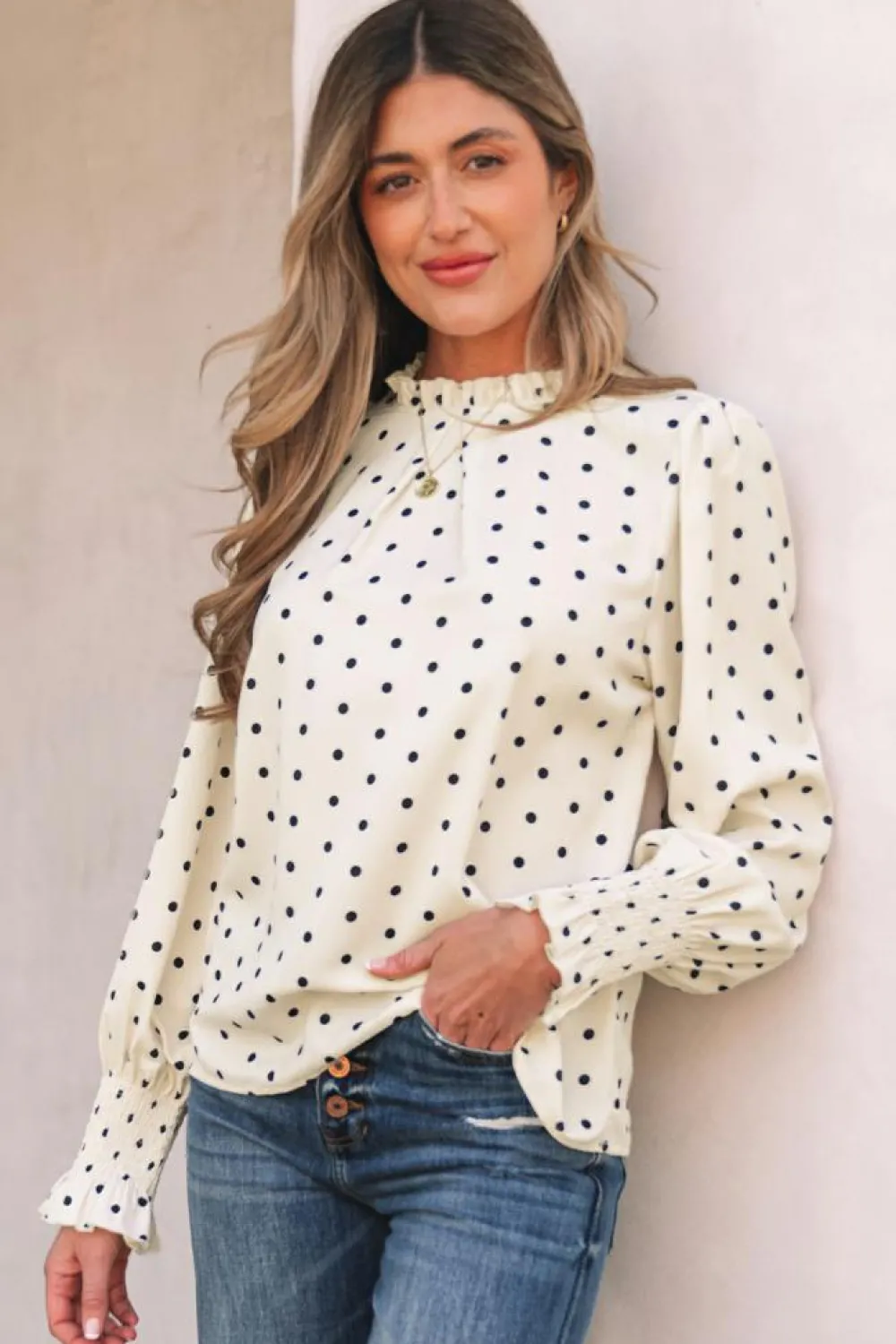 Best Dear-Lover Polka Dot Print Frilled Collar Lantern Sleeve Blouse Apricot