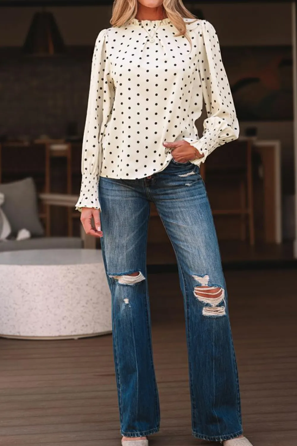 Best Dear-Lover Polka Dot Print Frilled Collar Lantern Sleeve Blouse Apricot