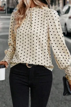 Best Dear-Lover Polka Dot Print Frilled Collar Lantern Sleeve Blouse Apricot