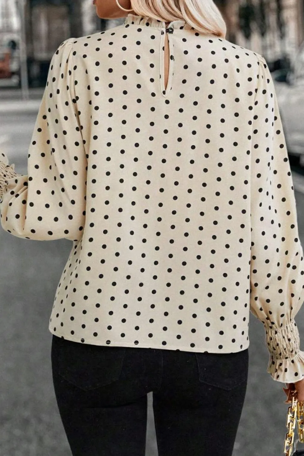Best Dear-Lover Polka Dot Print Frilled Collar Lantern Sleeve Blouse Apricot