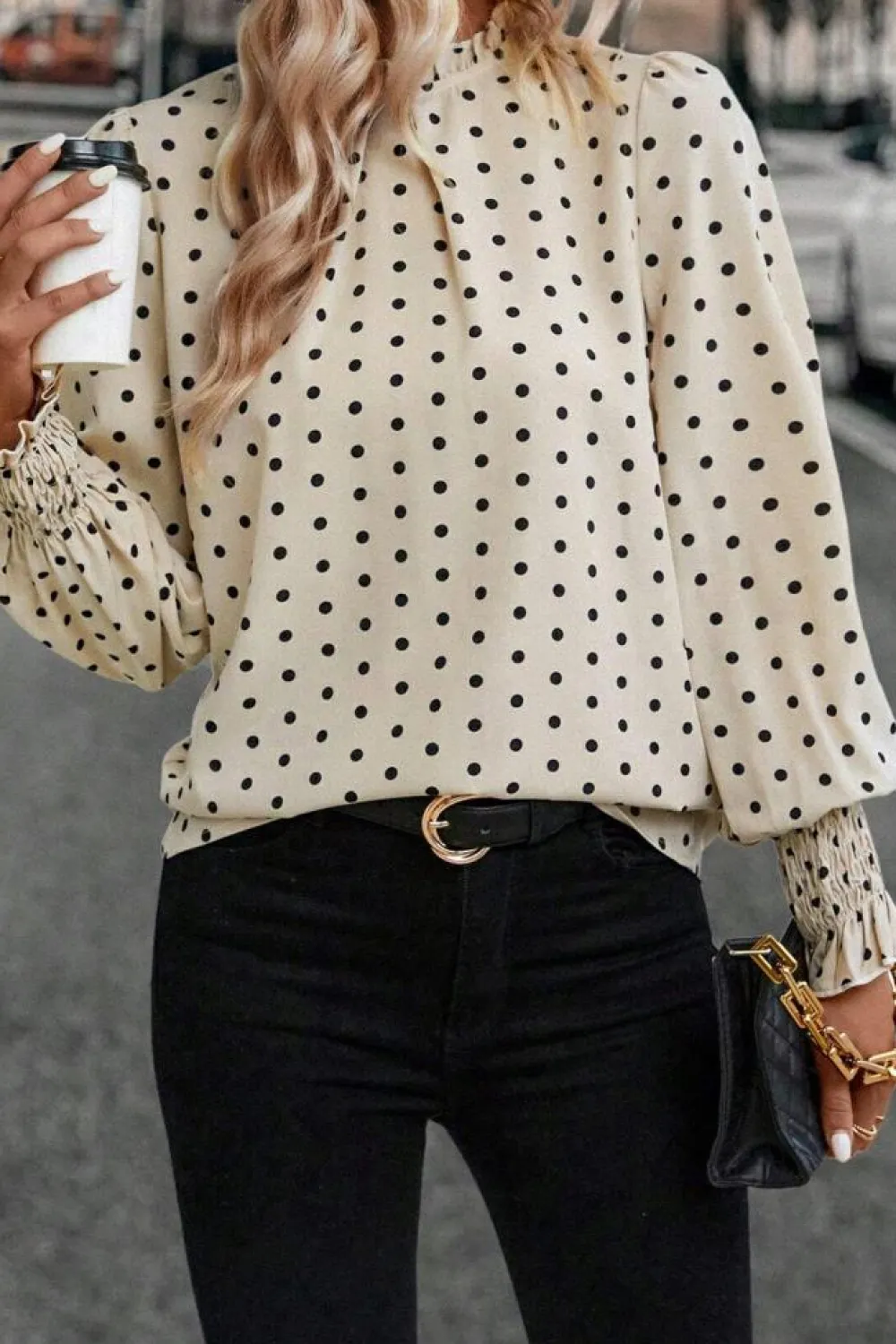 Best Dear-Lover Polka Dot Print Frilled Collar Lantern Sleeve Blouse Apricot