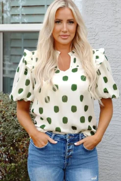 Best Dear-Lover Polka Dot Print Shirred Yoke Notched Neck Balloon Sleeve Blouse Apricot