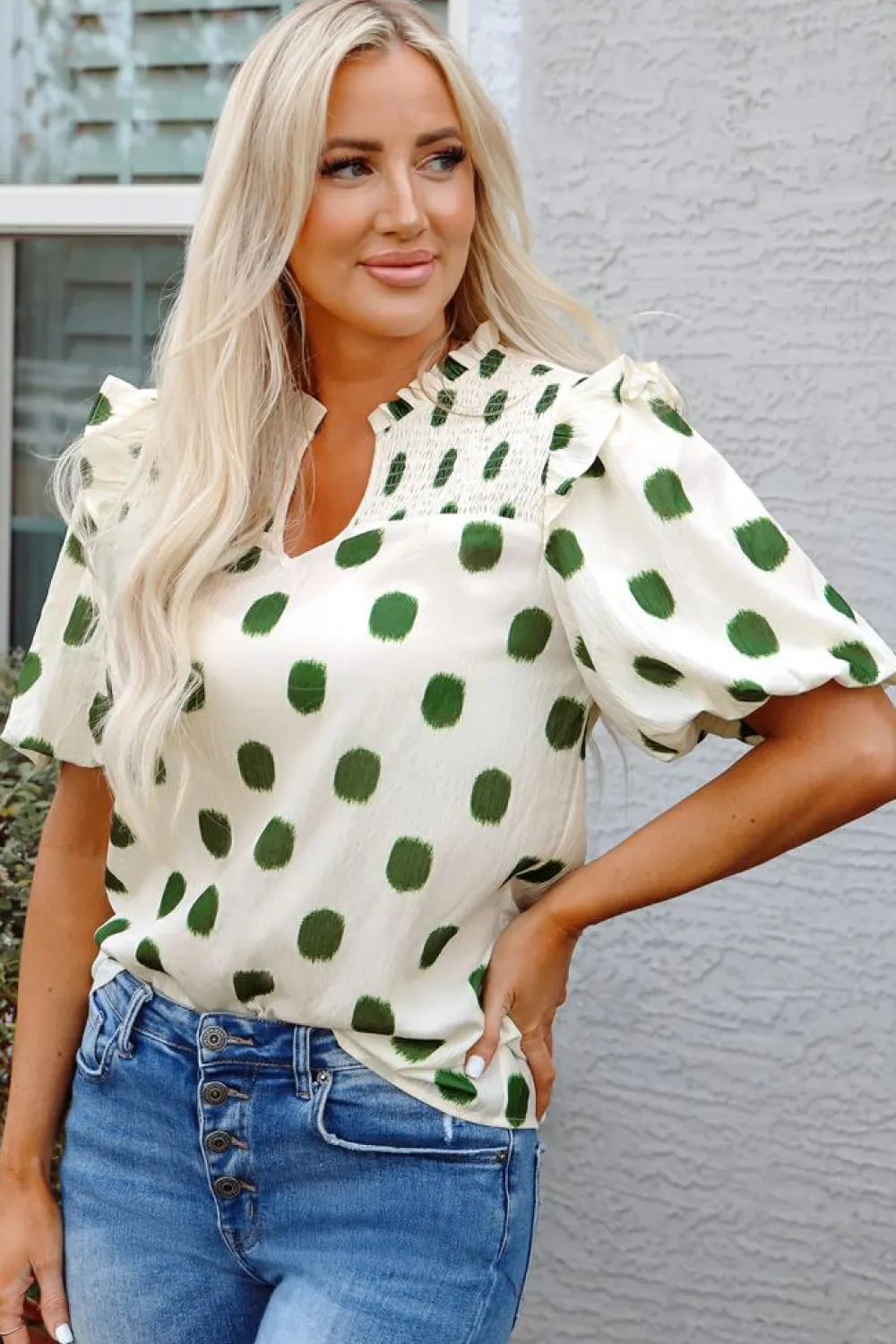 Best Dear-Lover Polka Dot Print Shirred Yoke Notched Neck Balloon Sleeve Blouse Apricot