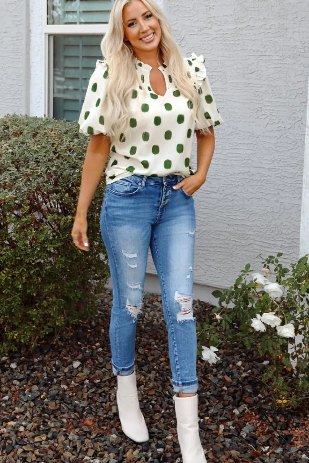 Best Dear-Lover Polka Dot Print Shirred Yoke Notched Neck Balloon Sleeve Blouse Apricot