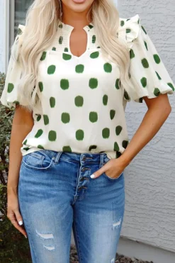 Best Dear-Lover Polka Dot Print Shirred Yoke Notched Neck Balloon Sleeve Blouse Apricot