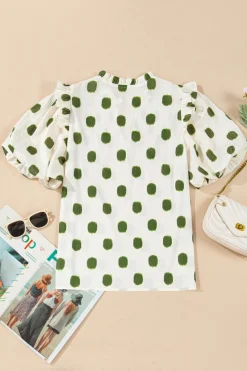 Best Dear-Lover Polka Dot Print Shirred Yoke Notched Neck Balloon Sleeve Blouse Apricot