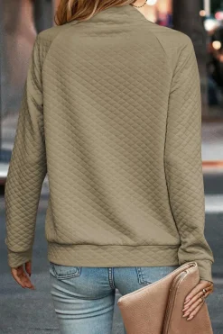 Online Dear-Lover Quilted Buttoned Neckline Stand Neck Pullover Sweatshirt Apricot