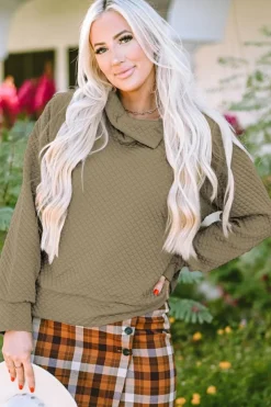 Online Dear-Lover Quilted Buttoned Neckline Stand Neck Pullover Sweatshirt Apricot