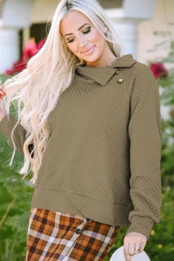 Online Dear-Lover Quilted Buttoned Neckline Stand Neck Pullover Sweatshirt Apricot