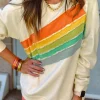 Best Dear-Lover Rainbow Colorblock Striped Pullover Sweatshirt Apricot