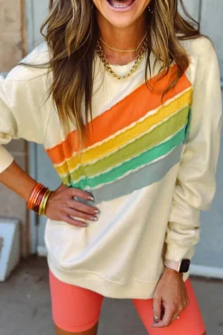 Best Dear-Lover Rainbow Colorblock Striped Pullover Sweatshirt Apricot