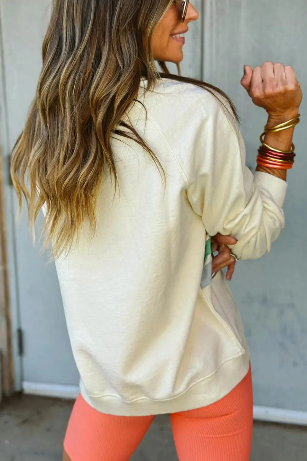 Best Dear-Lover Rainbow Colorblock Striped Pullover Sweatshirt Apricot
