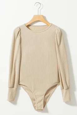 Fashion Dear-Lover Ribbed Balloon Sleeve Bodysuit Apricot
