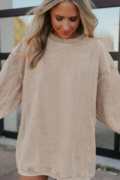 Best Dear-Lover Ribbed Corduroy Oversized Sweatshirt Apricot