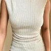 Hot Dear-Lover Ribbed Knit Mock Neck Tank Top Apricot