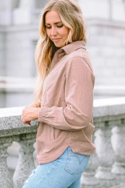 Discount Dear-Lover Ribbed Texture Half Zip Collared Sweatshirt Apricot