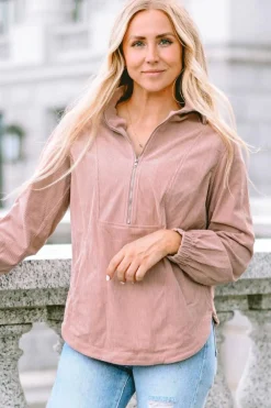 Discount Dear-Lover Ribbed Texture Half Zip Collared Sweatshirt Apricot